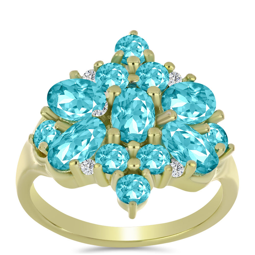 Anillo de Plata Bañada en Oro con Cuarzo Paraiba y Topacio Blanco 3 