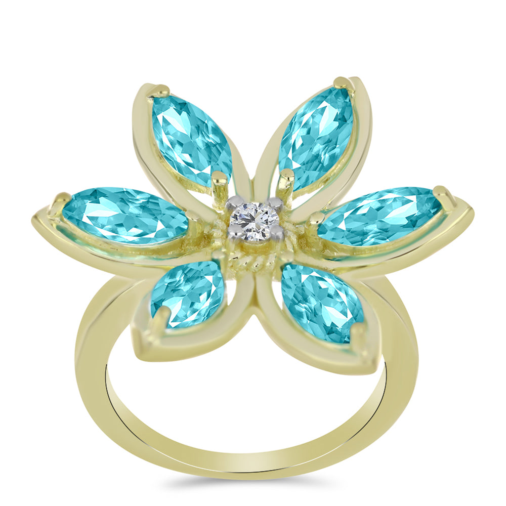 Anillo de Plata Bañada en Oro con Cuarzo Paraiba y Topacio Blanco 3 