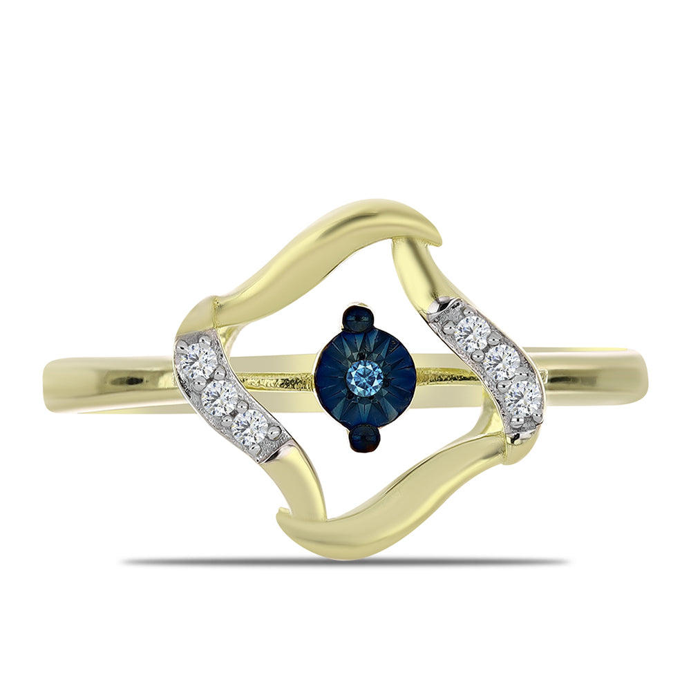 Anillo de Plata Bañada en Oro con Diamante azul danzante y Topacio Blanco 1 