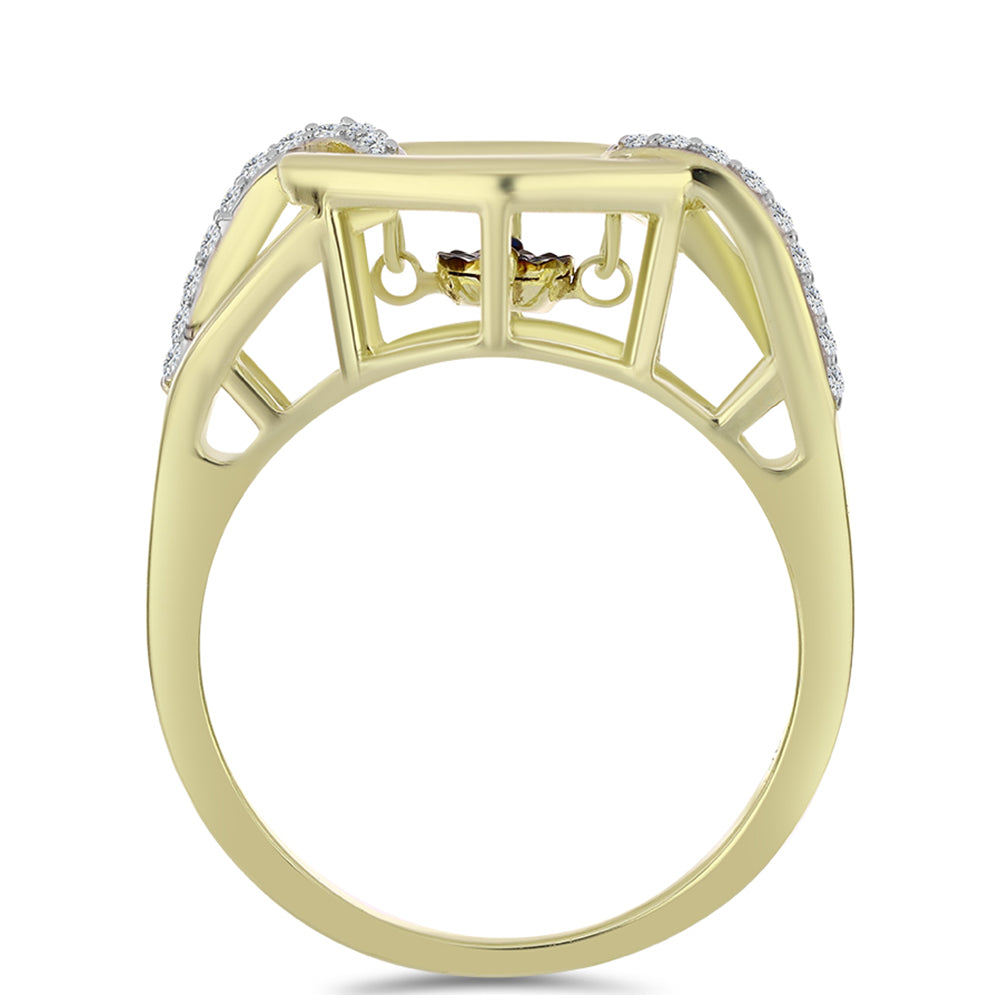 Anillo de Plata Bañada en Oro con Diamante azul danzante y Topacio Blanco