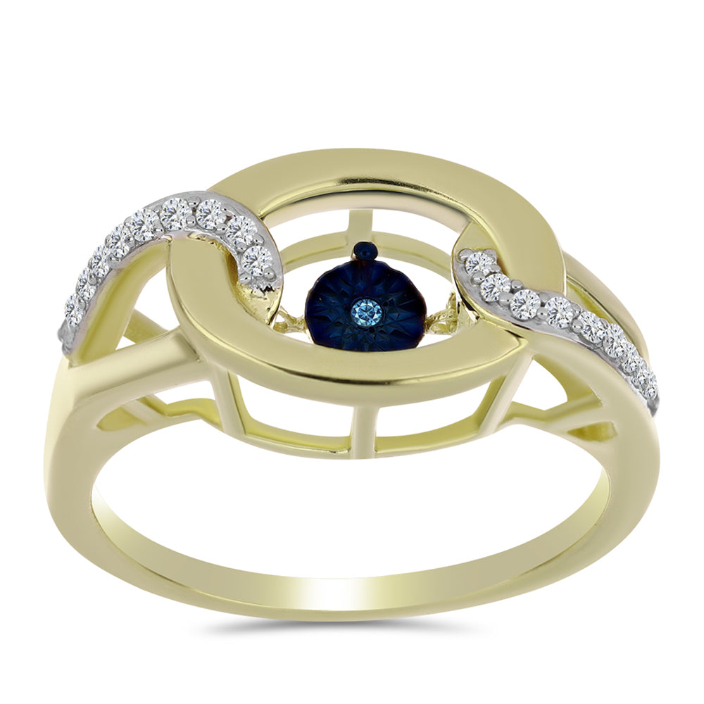 Anillo de Plata Bañada en Oro con Diamante azul danzante y Topacio Blanco