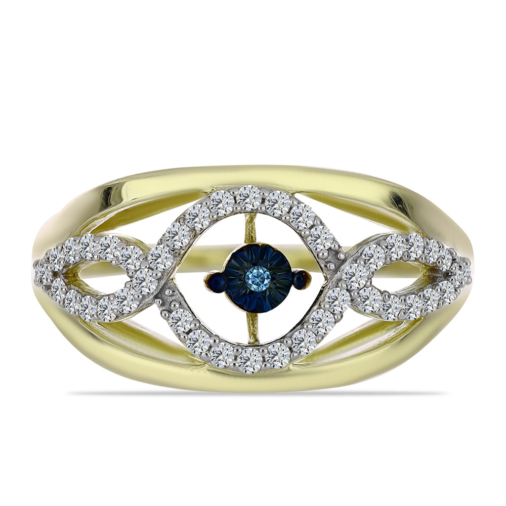 Anillo de Plata Bañada en Oro con Diamante azul danzante y Topacio Blanco