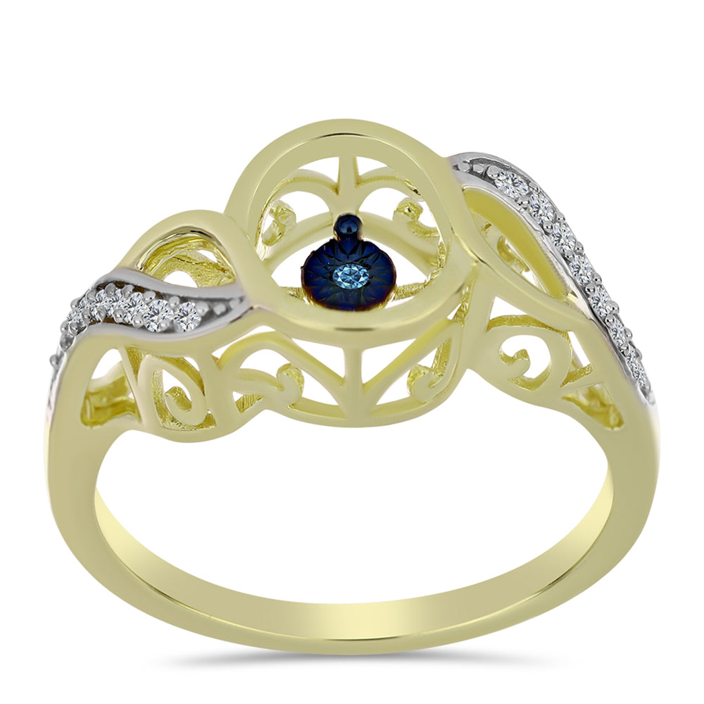 Anillo de Plata Bañada en Oro con Diamante azul danzante y Topacio Blanco 3 