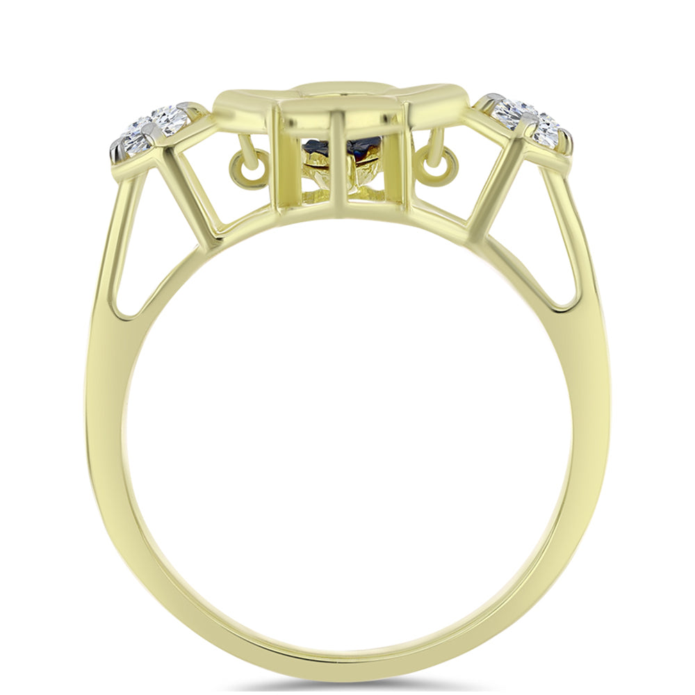 Anillo de Plata Bañada en Oro con Diamante azul danzante y Topacio Blanco