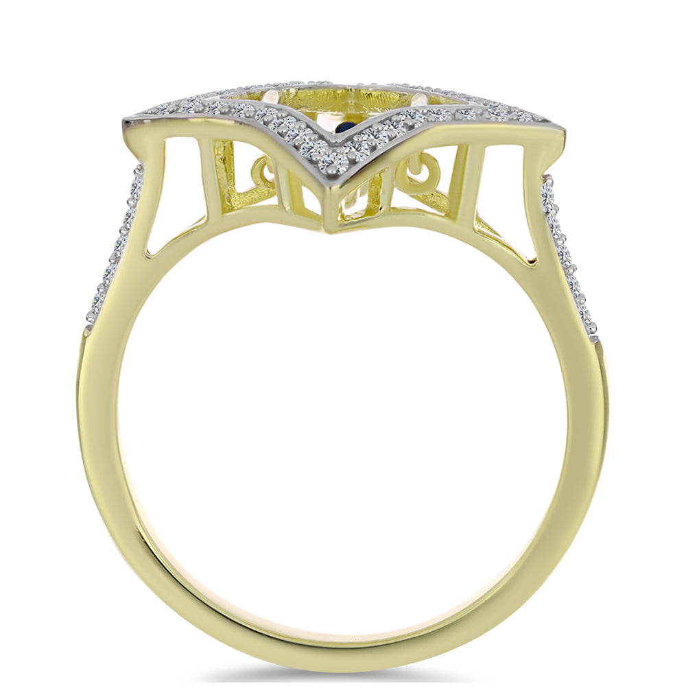 Anillo de Plata Bañada en Oro con Diamante azul danzante y Topacio Blanco