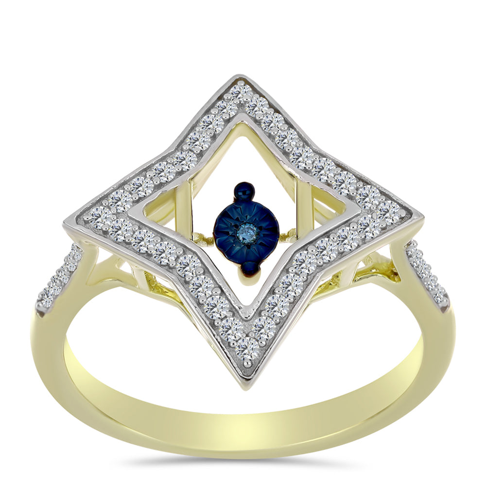 Anillo de Plata Bañada en Oro con Diamante azul danzante y Topacio Blanco 3 