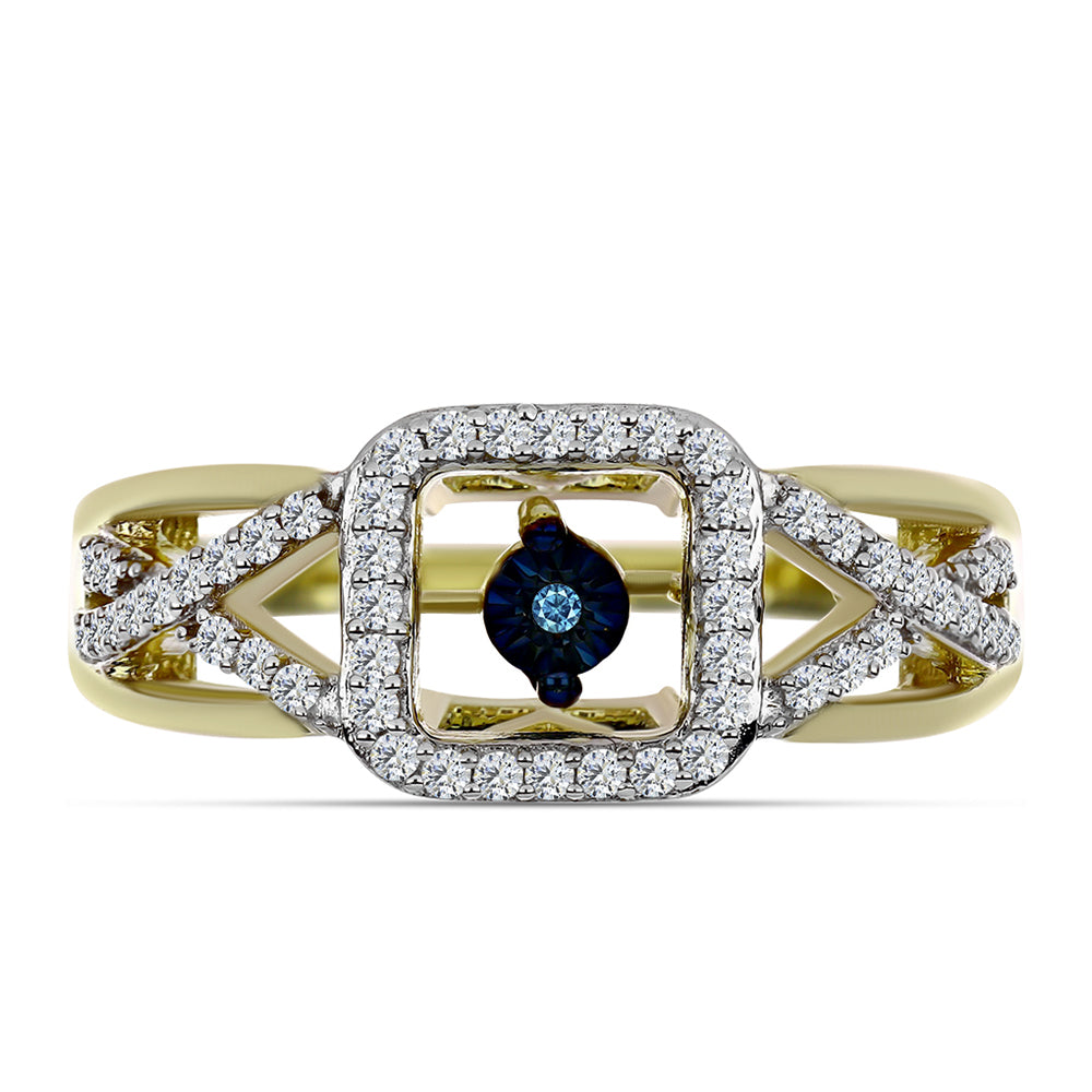 Anillo de Plata Bañada en Oro con Diamante azul danzante y Topacio Blanco