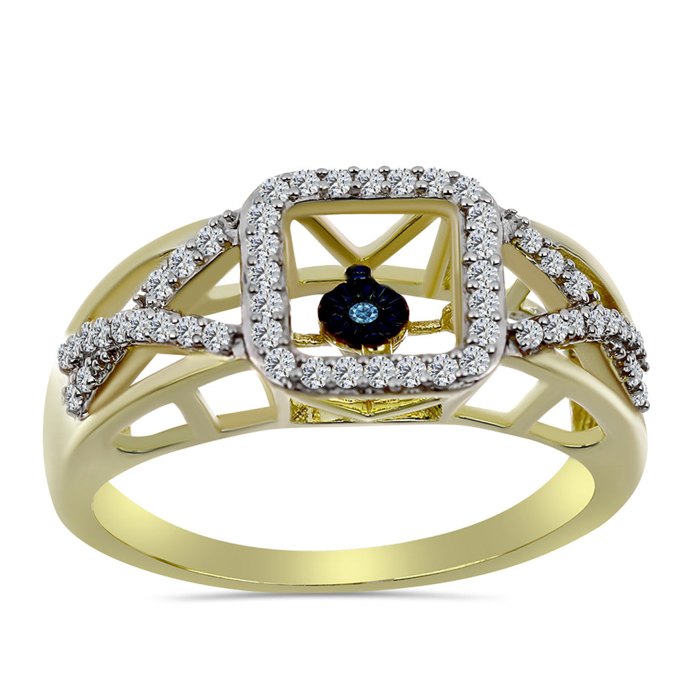 Anillo de Plata Bañada en Oro con Diamante azul danzante y Topacio Blanco