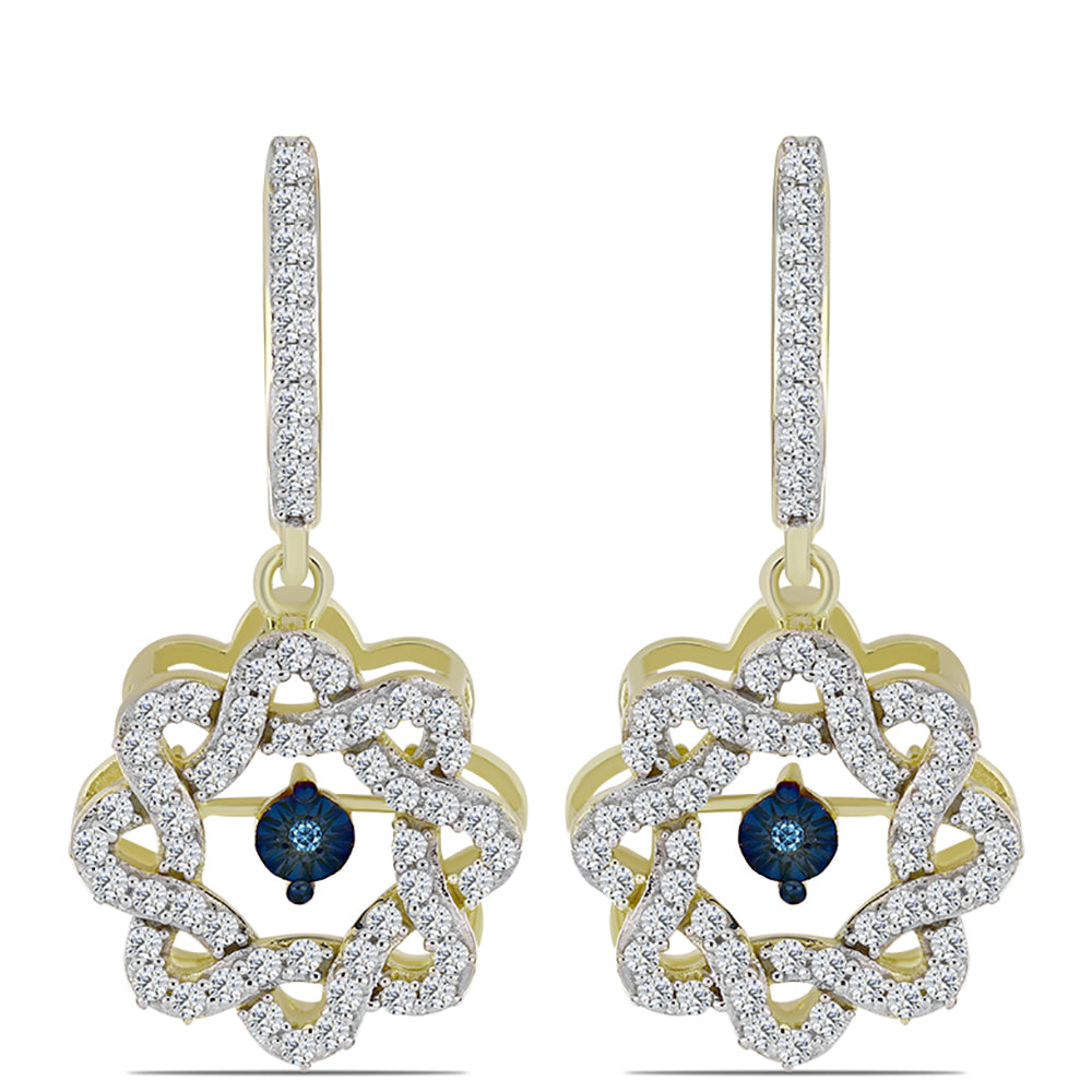 Pendientes de Plata Bañada en Oro con Diamante azul danzante y Topacio Blanco 1 