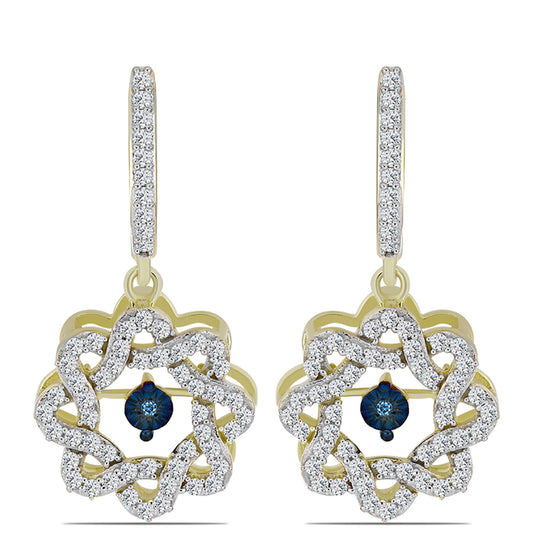 Pendientes de Plata Bañada en Oro con Diamante azul danzante y Topacio Blanco