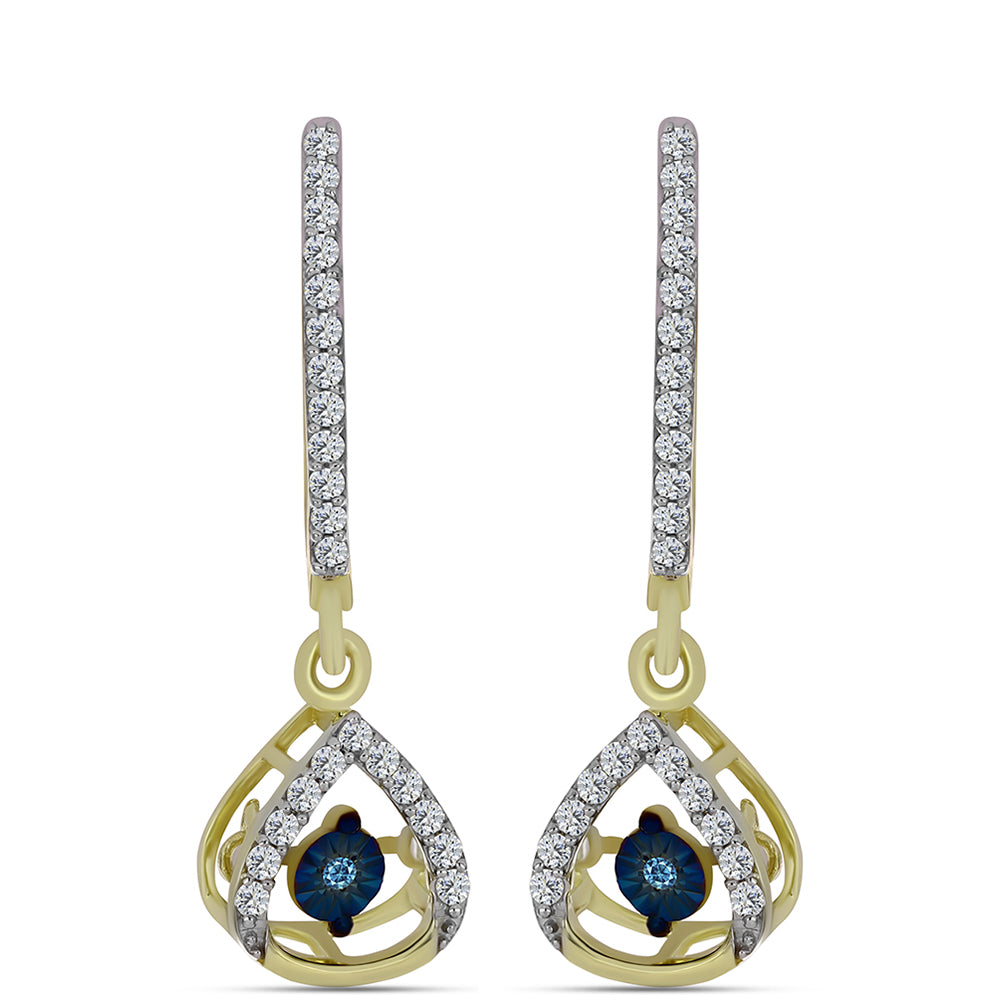 Pendientes de Plata Bañada en Oro con Diamante azul danzante y Topacio Blanco 3 