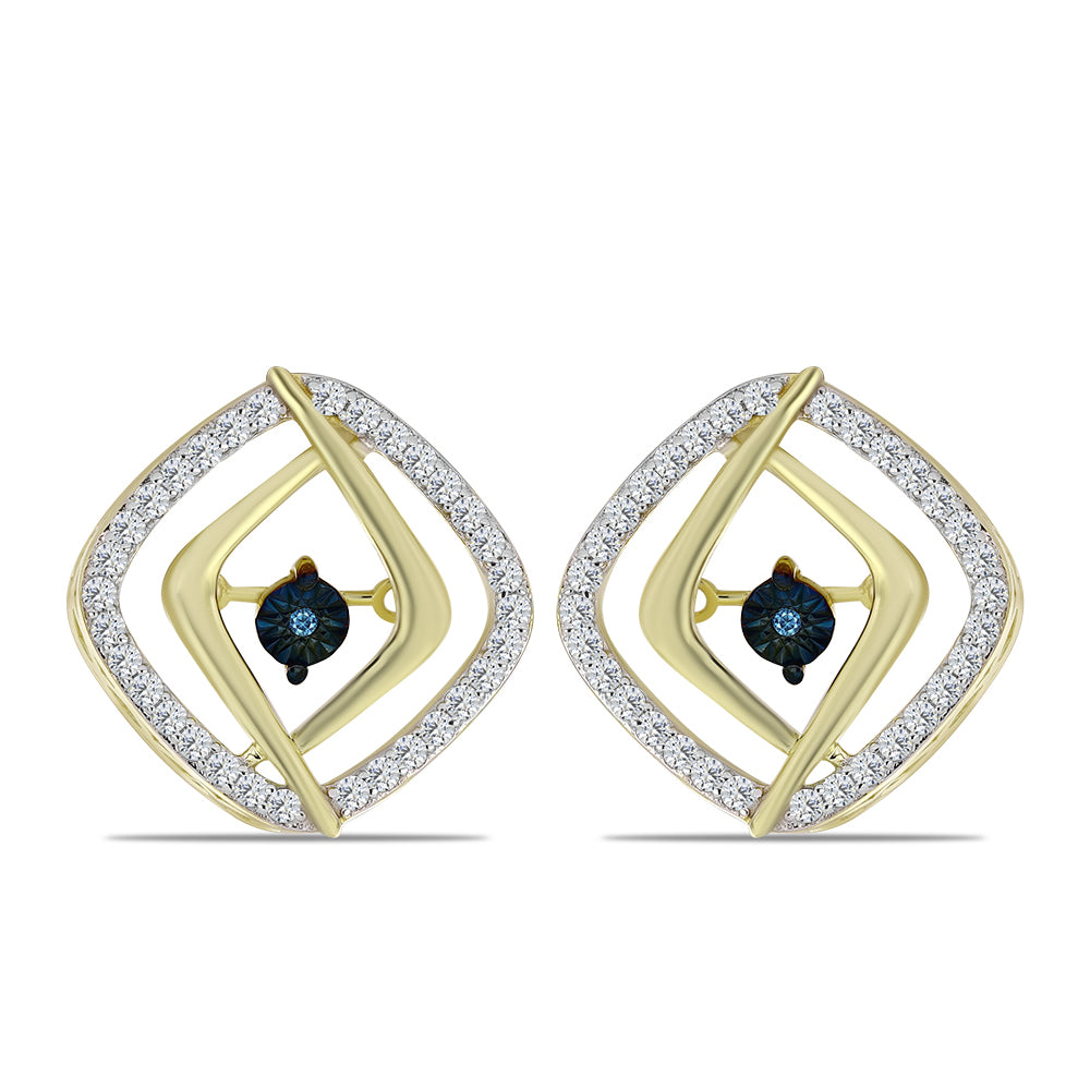 Pendientes de Plata Bañada en Oro con Diamante azul danzante y Topacio Blanco