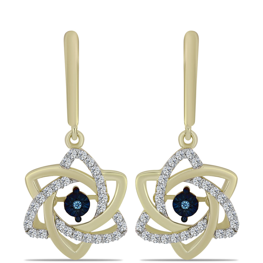 Pendientes de Plata Bañada en Oro con Diamante azul danzante y Topacio Blanco 1 