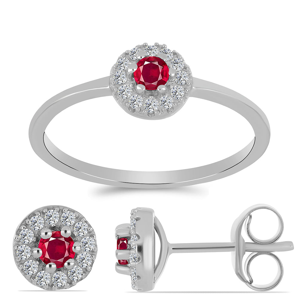Conjunto de Plata con Rubí de Madagascar y Topacio Blanco ( Pendientes +Anillo )