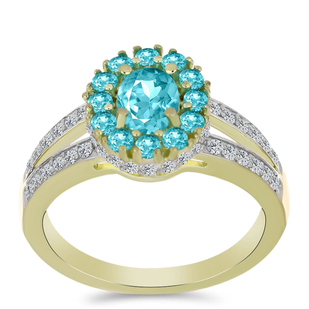 Anillo de Plata Bañada en Oro con Cuarzo Paraiba y Topacio Blanco 3 