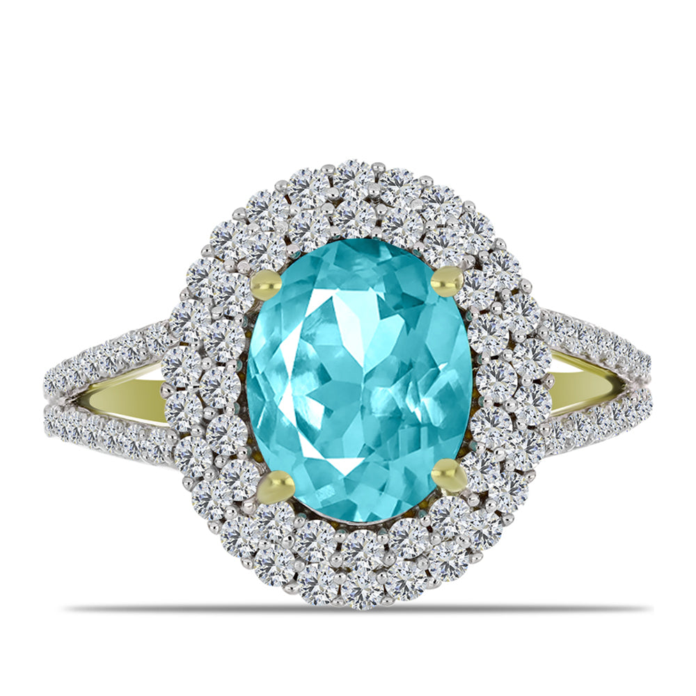 Anillo de Plata Bañada en Oro con Cuarzo Paraiba y Topacio Blanco