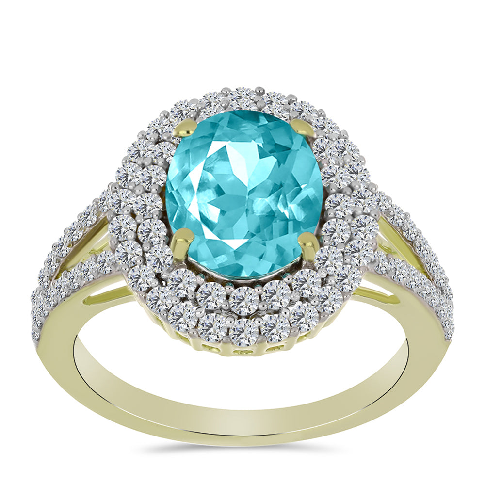 Anillo de Plata Bañada en Oro con Cuarzo Paraiba y Topacio Blanco 7 