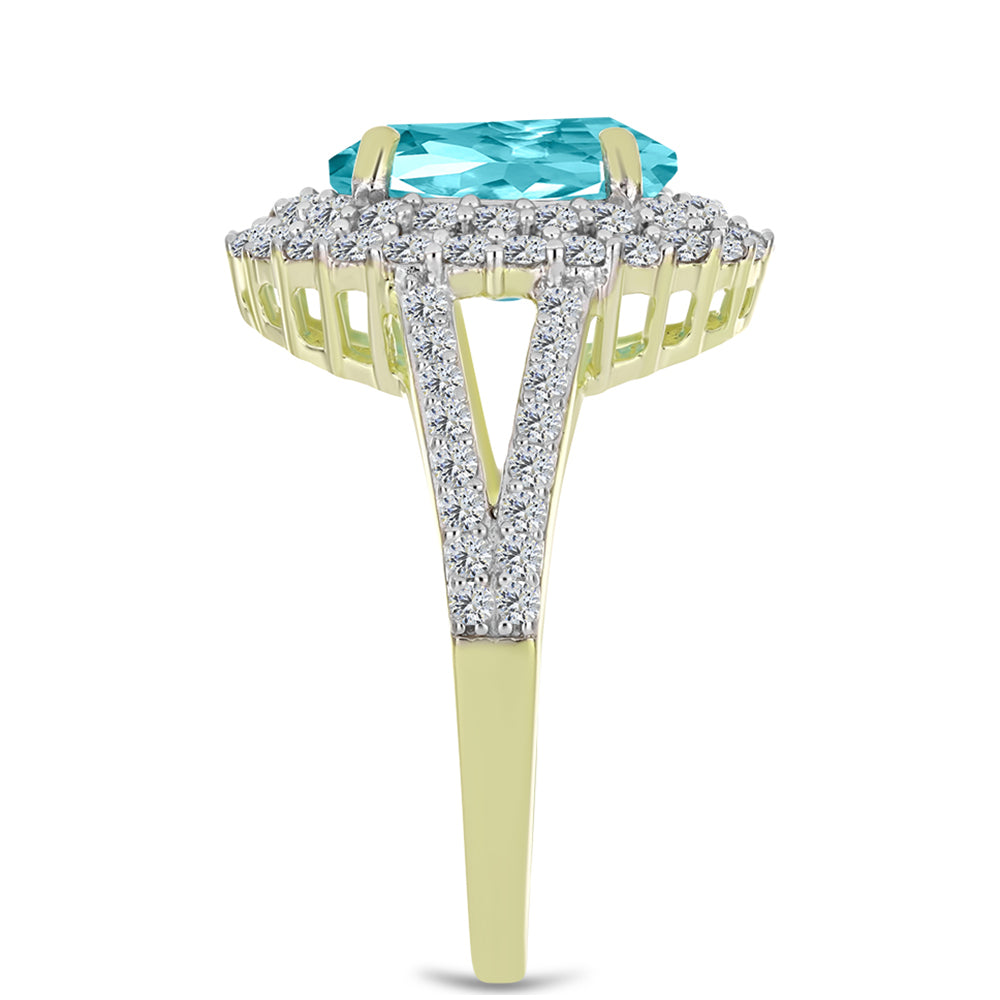 Anillo de Plata Bañada en Oro con Cuarzo Paraiba y Topacio Blanco 4 