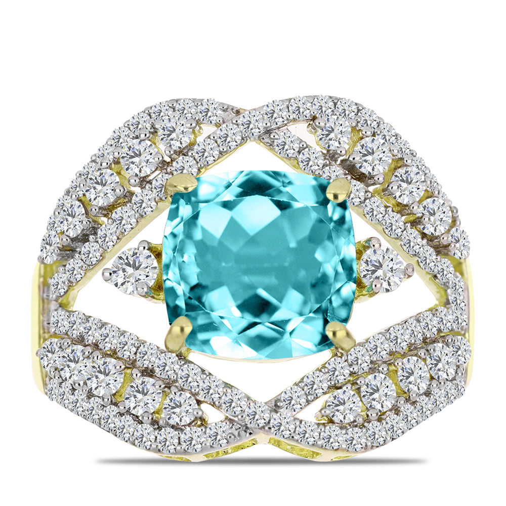 Anillo de Plata Bañada en Oro con Cuarzo Paraiba y Topacio Blanco 5 