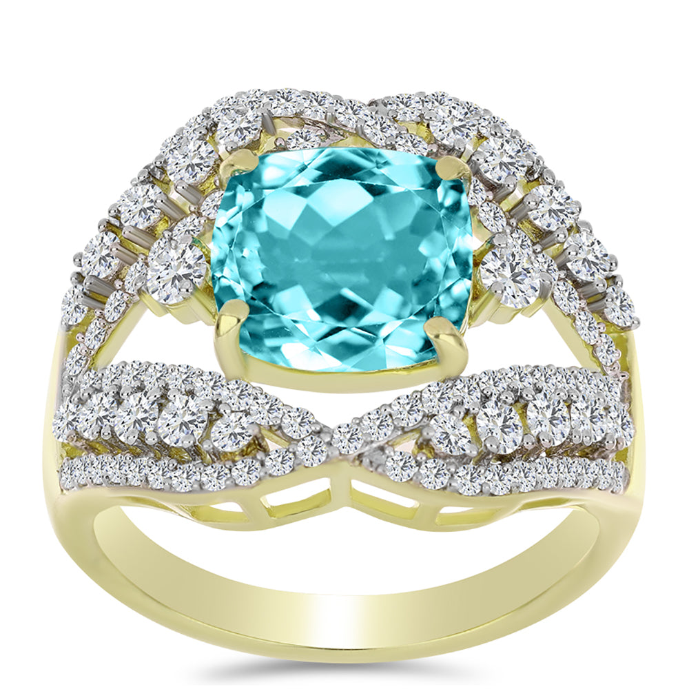 Anillo de Plata Bañada en Oro con Cuarzo Paraiba y Topacio Blanco 7 