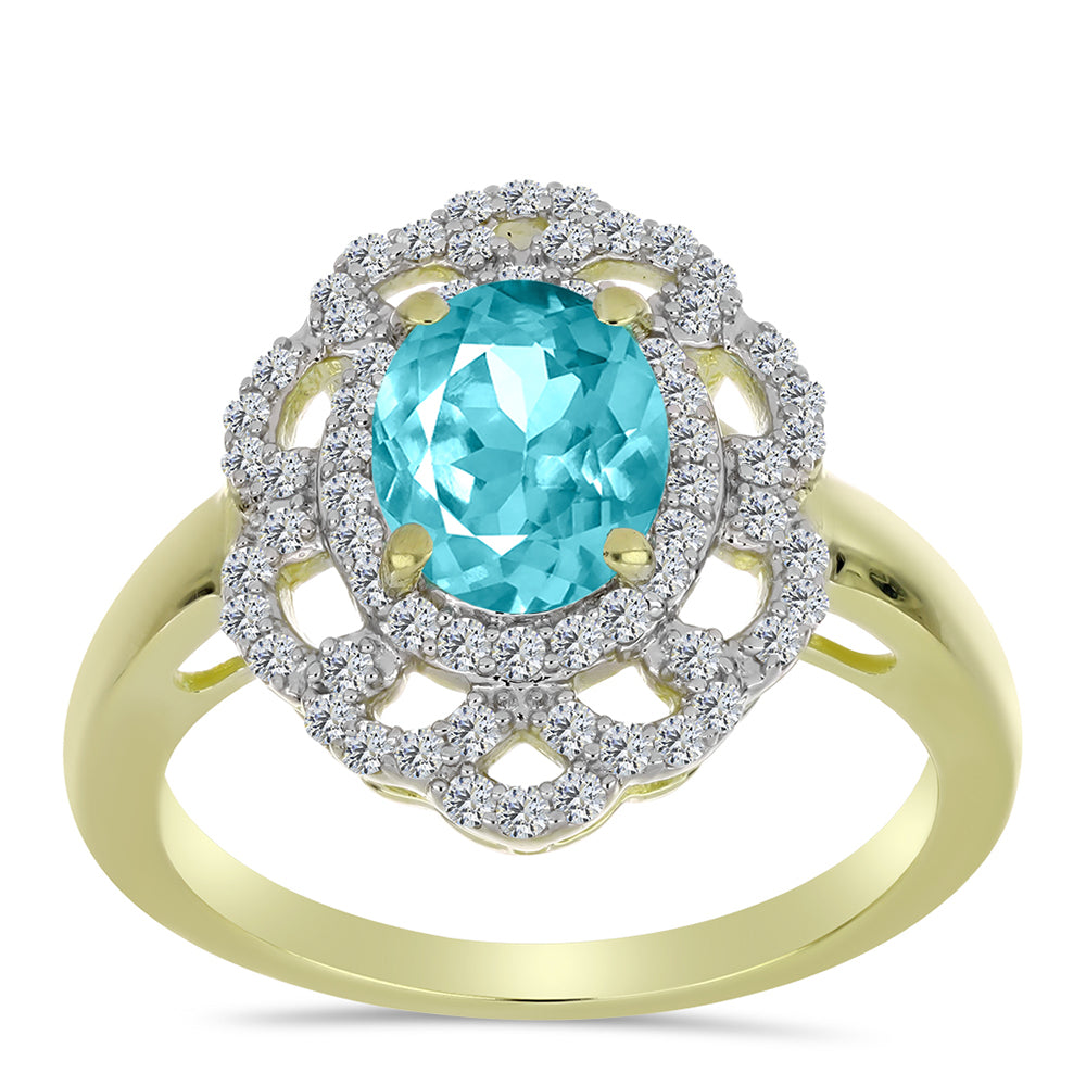 Anillo de Plata Bañada en Oro con Cuarzo Paraiba y Topacio Blanco 3 