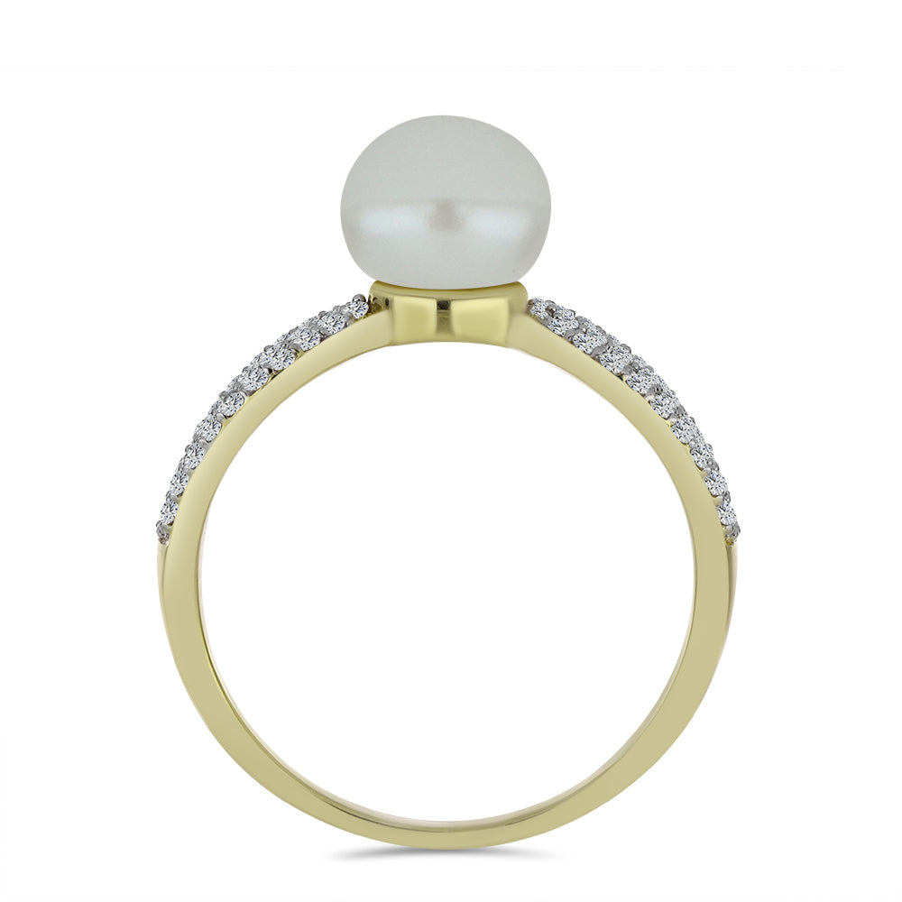 Anillo de Plata Bañada en Oro con Perla blanca de agua dulce y Topacio Blanco 2 