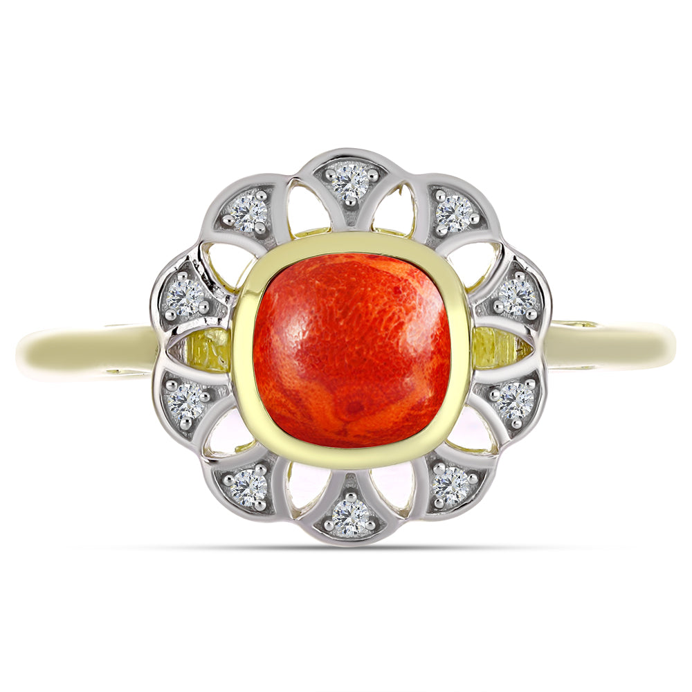 Anillo de Plata Bañada en Oro con Coral de Esponja Roja y Topacio Blanco