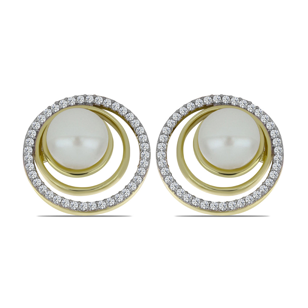 Pendientes de Plata Bañada en Oro con Perla blanca de agua dulce y Topacio Blanco 1 
