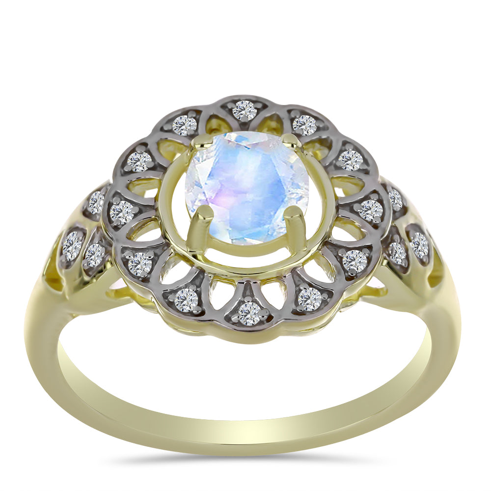 Anillo de Plata Bañada en Oro con Piedra Lunar Arco Iris y Topacio Blanco