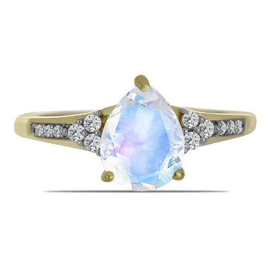 Anillo de Plata Bañada en Oro con Piedra Lunar Arco Iris y Topacio Blanco