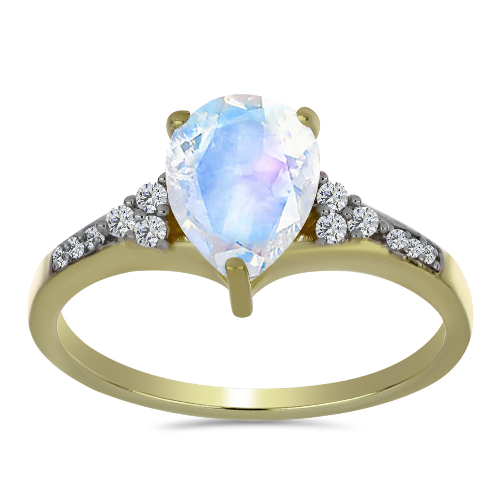 Anillo de Plata Bañada en Oro con Piedra Lunar Arco Iris y Topacio Blanco 3 