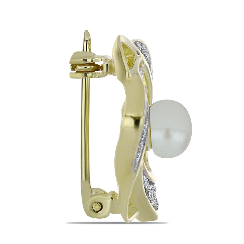 Broche de Plata Bañada en Oro con Perla blanca de agua dulce y Topacio Blanco 2 