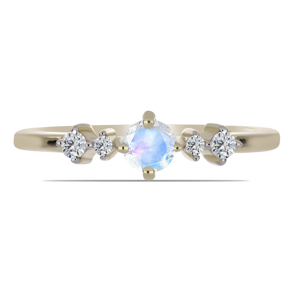 Anillo de Plata Bañada en Oro con Piedra Lunar Arco Iris y Topacio Blanco