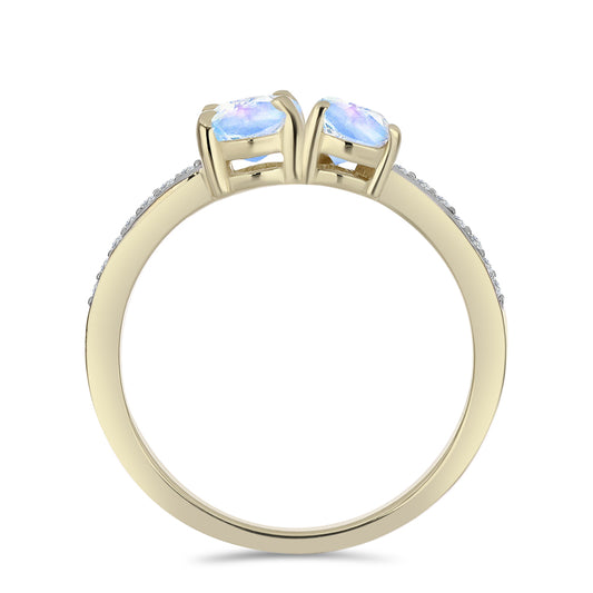 Anillo de Plata Bañada en Oro con Piedra Lunar Arco Iris y Topacio Blanco