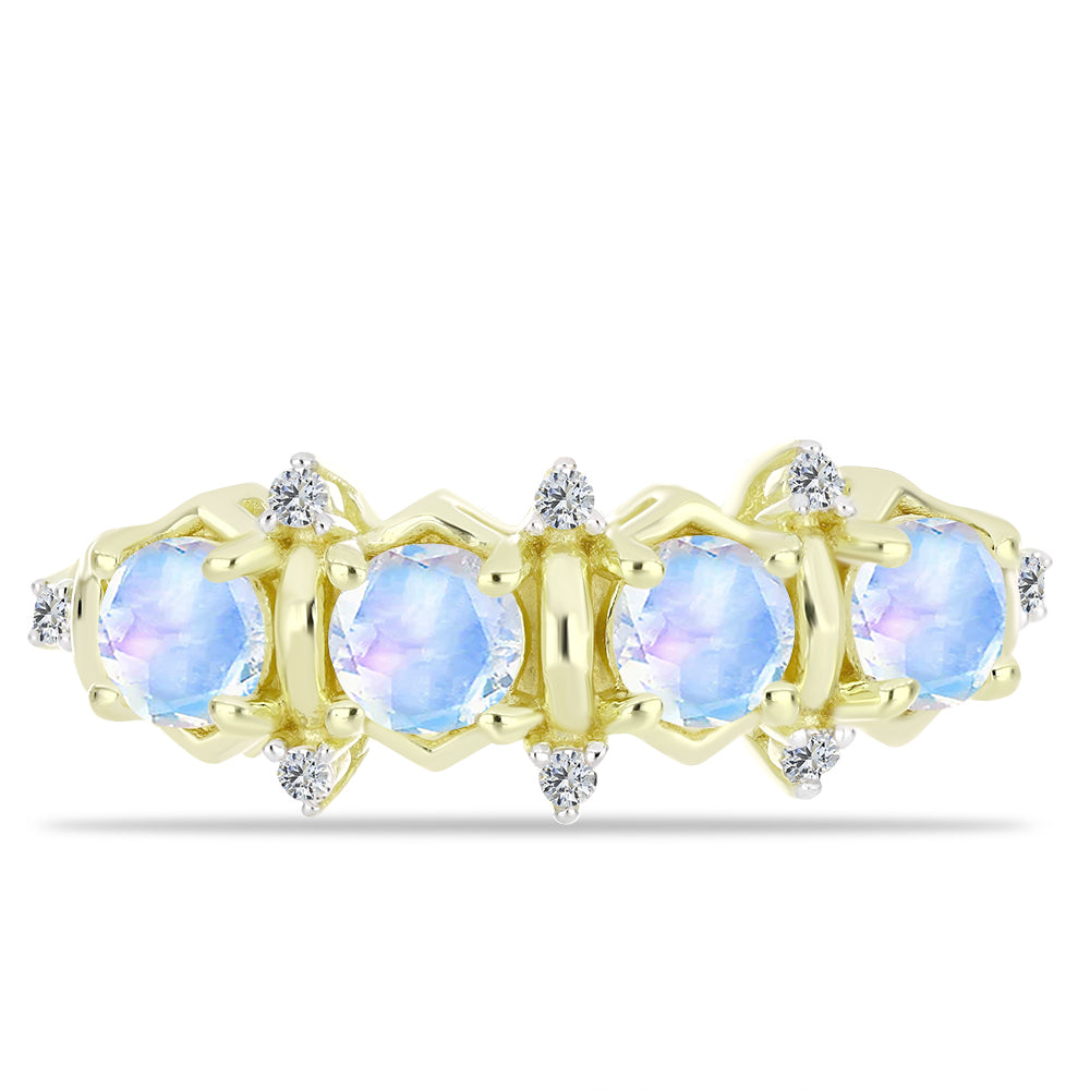 Anillo de Plata Bañada en Oro con Piedra Lunar Arco Iris y Topacio Blanco 1 