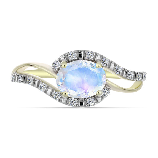Anillo de Plata Bañada en Oro con Piedra Lunar Arco Iris y Topacio Blanco
