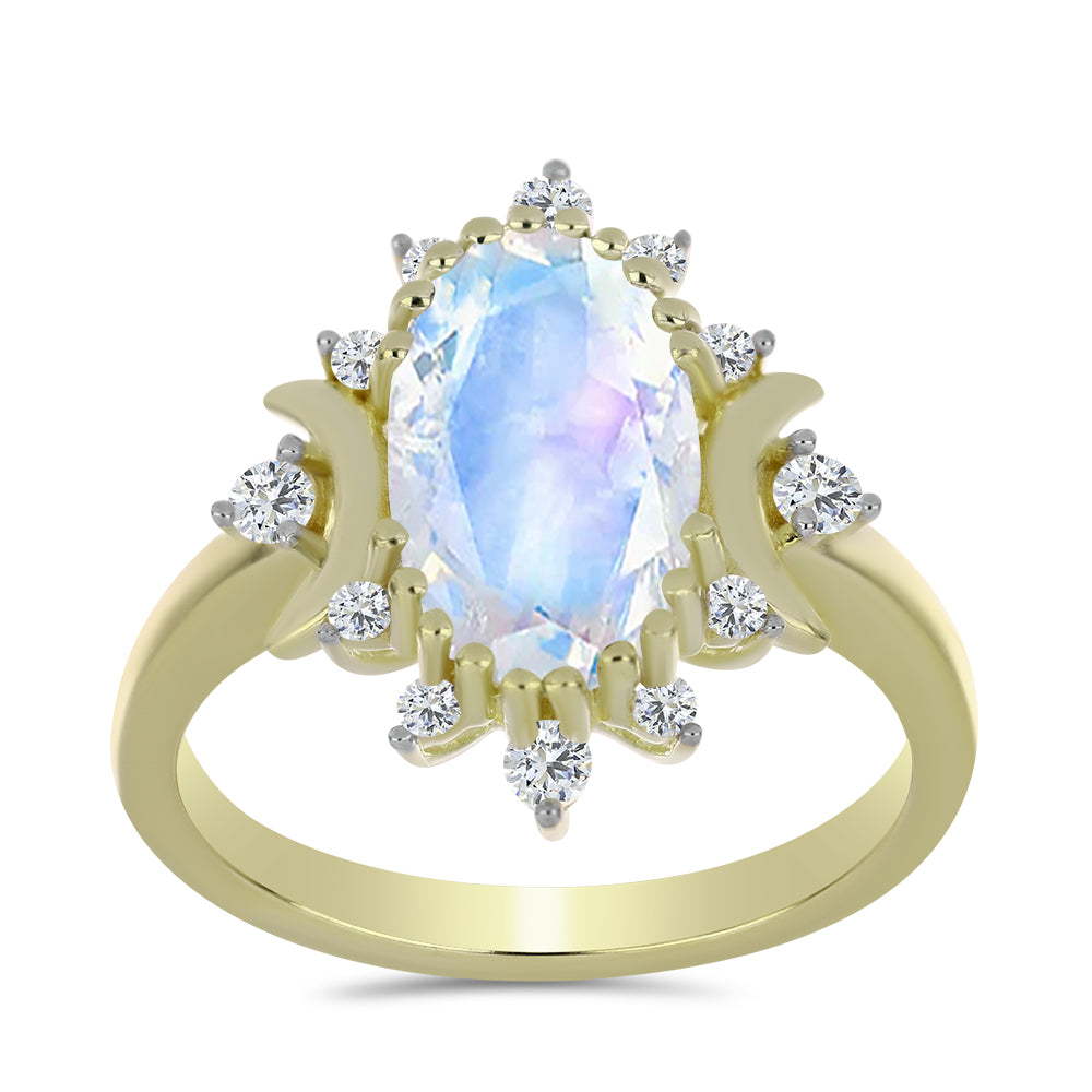 Anillo de Plata Bañada en Oro con Piedra Lunar Arco Iris y Topacio Blanco 3 