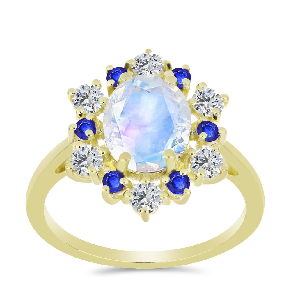 Anillo de Plata Bañada en Oro con Piedra Lunar Arco Iris y Zafiro Azul Australiano 3 