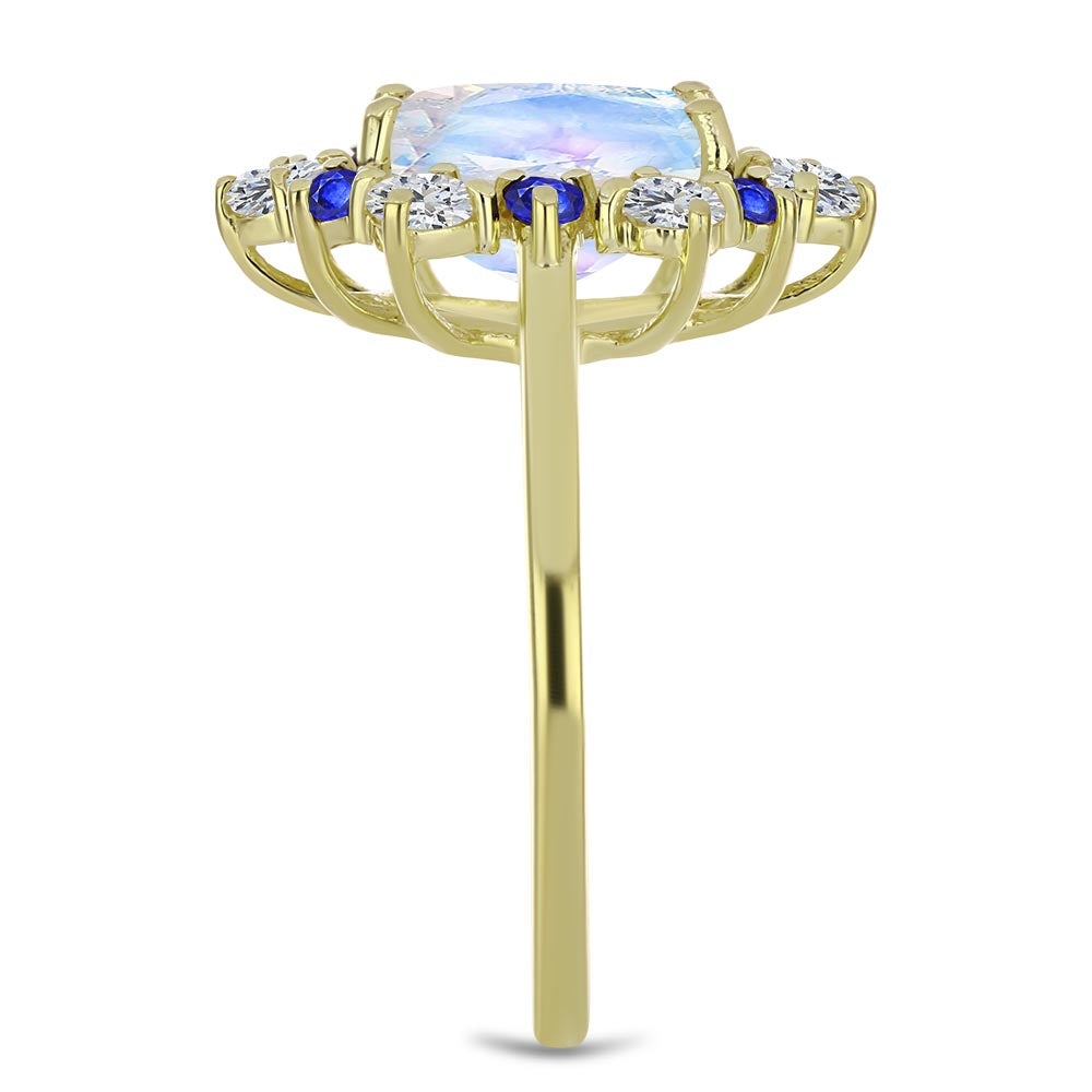 Anillo de Plata Bañada en Oro con Piedra Lunar Arco Iris y Zafiro Azul Australiano 4 