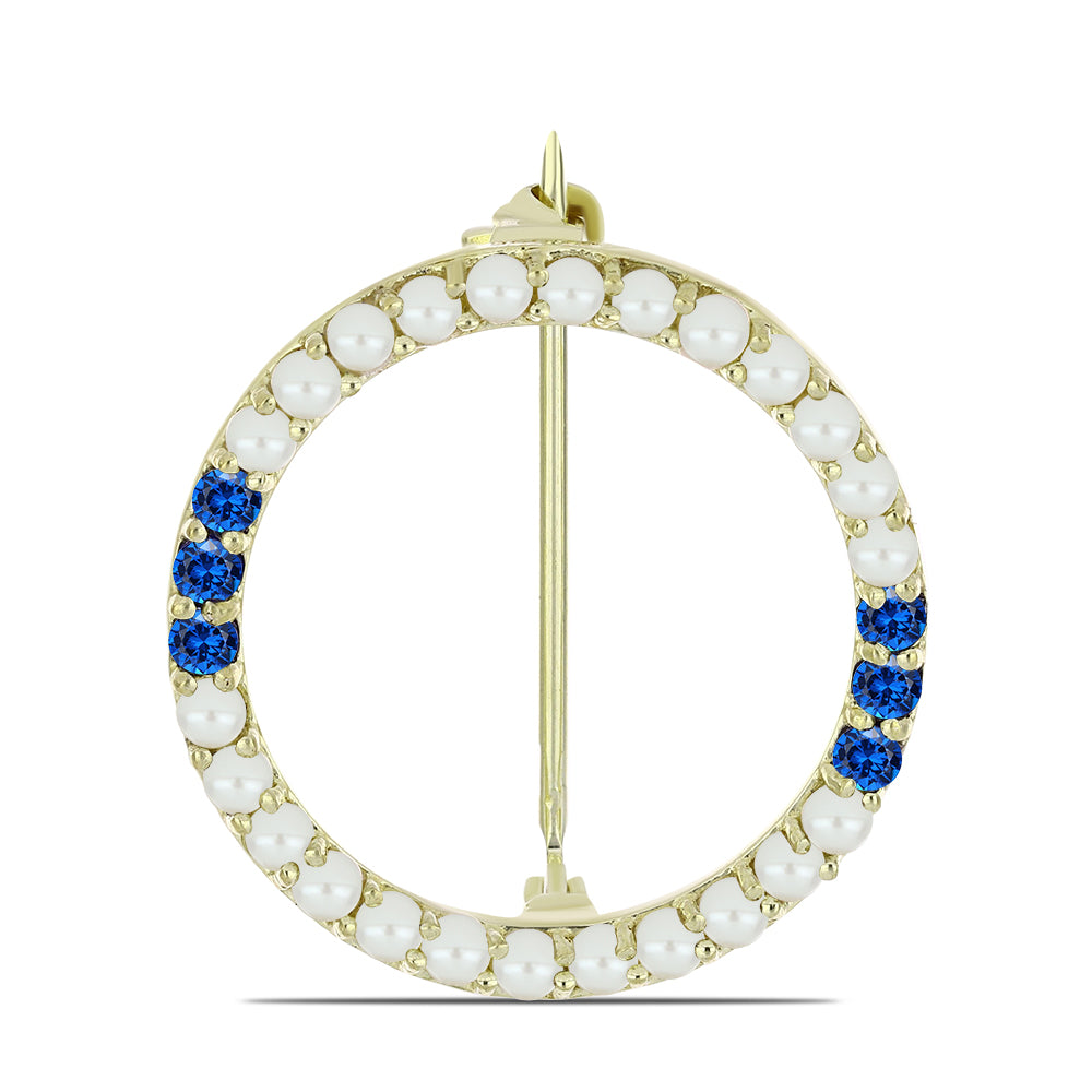 Broche de Plata Bañada en Oro con Perla blanca de agua dulce y Zafiro Azul Australiano 1 