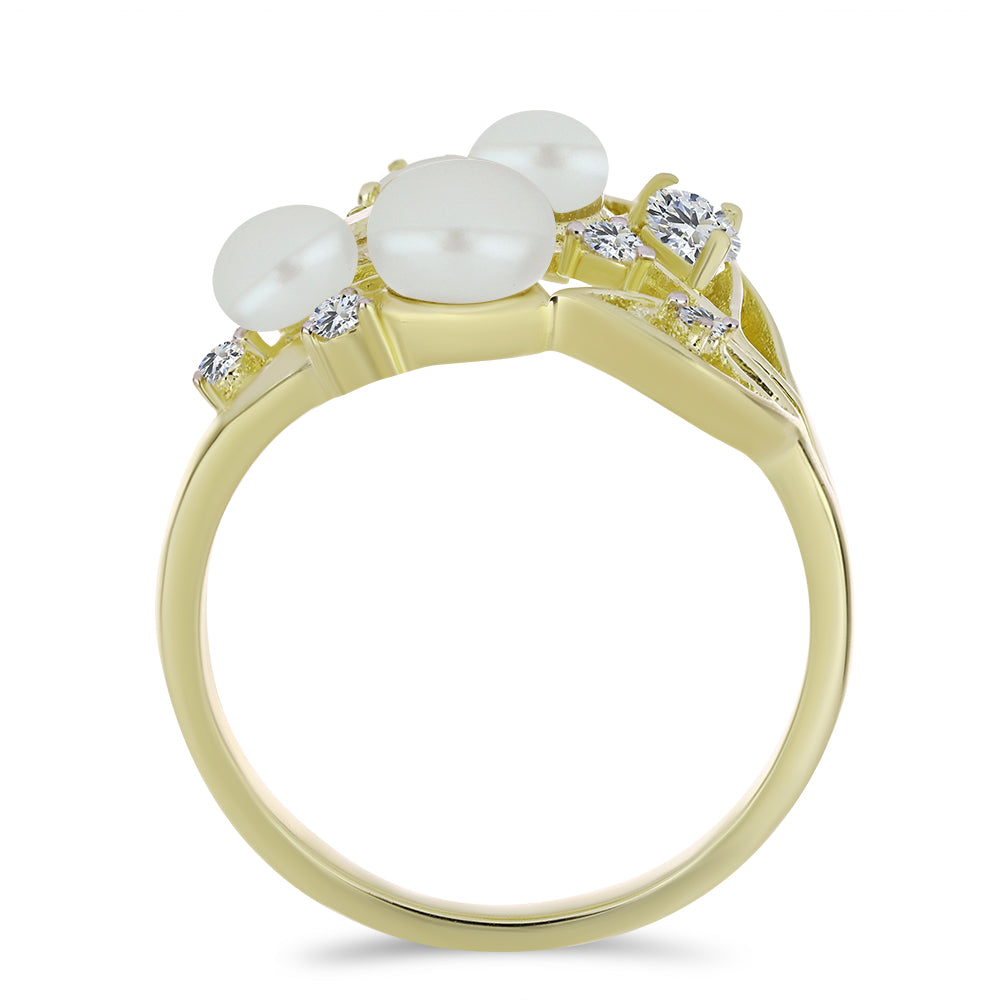 Anillo de Plata Bañada en Oro con Perla blanca de agua dulce y Topacio Blanco
