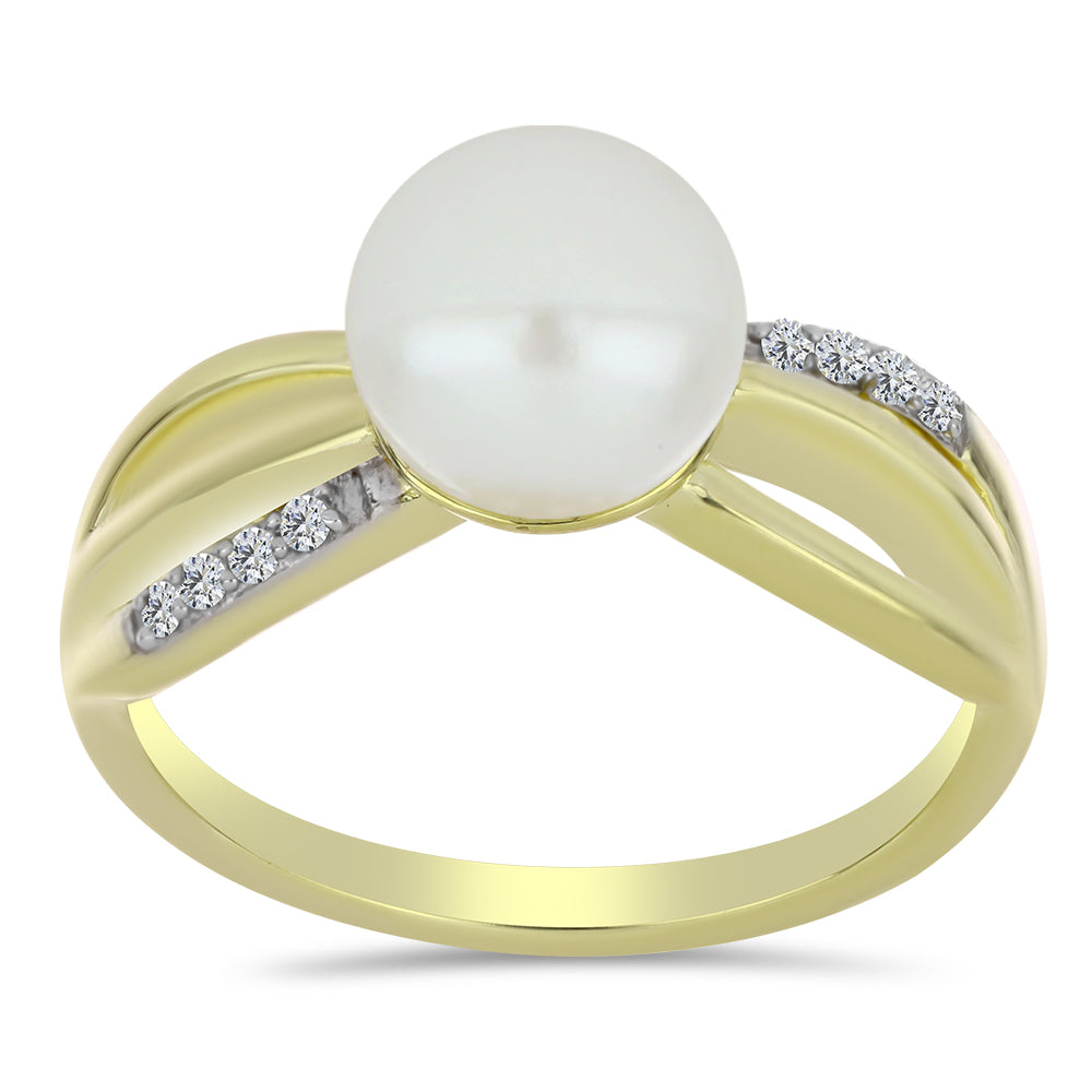 Anillo de Plata Bañada en Oro con Perla blanca de agua dulce y Topacio Blanco