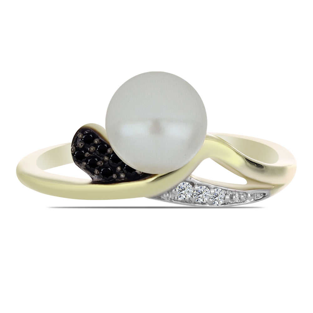 Anillo de Plata Bañada en Oro con Perla blanca de agua dulce y Espinela Negra