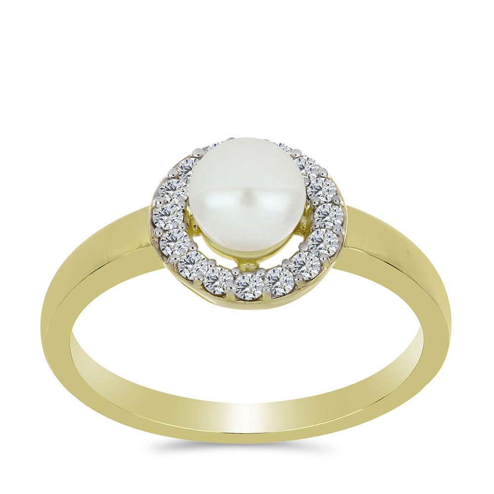 Anillo de Plata Bañada en Oro con Perla blanca de agua dulce y Topacio Blanco