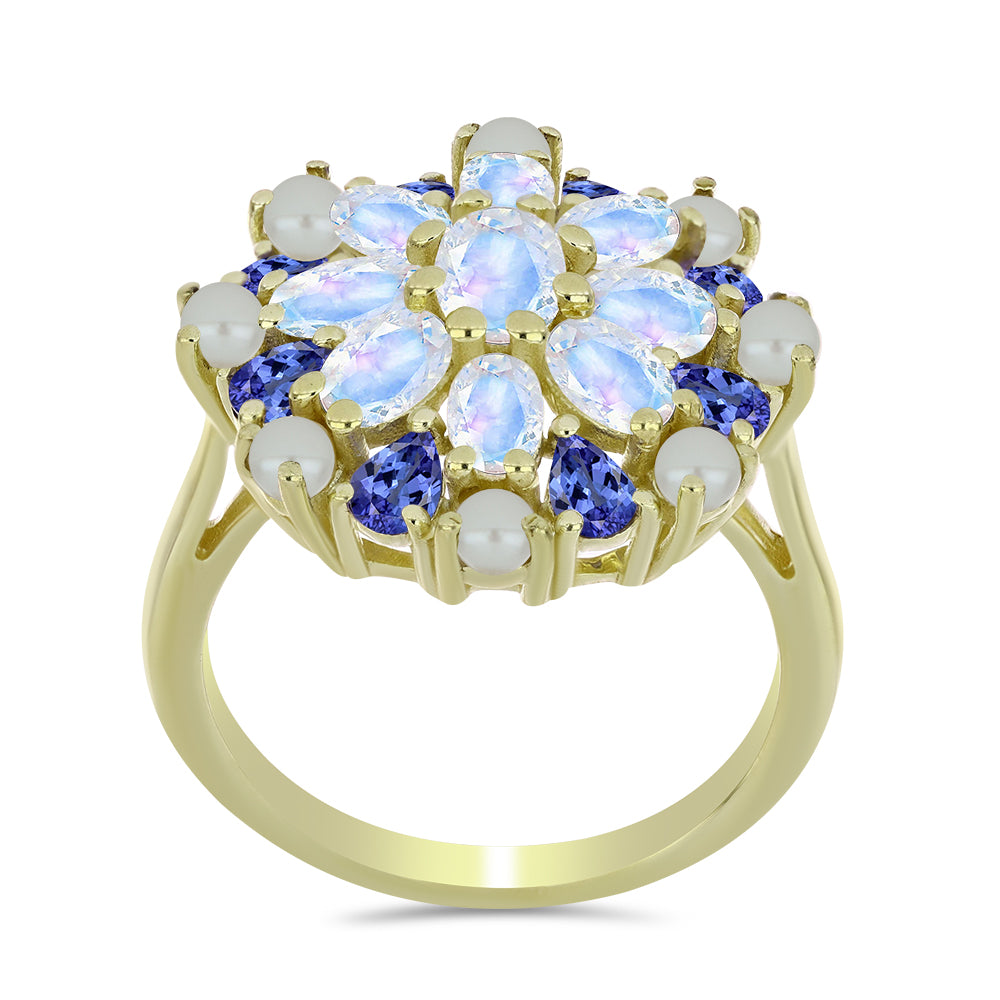 Anillo de Plata Bañada en Oro con Perla blanca de agua dulce y Tanzanita 3 