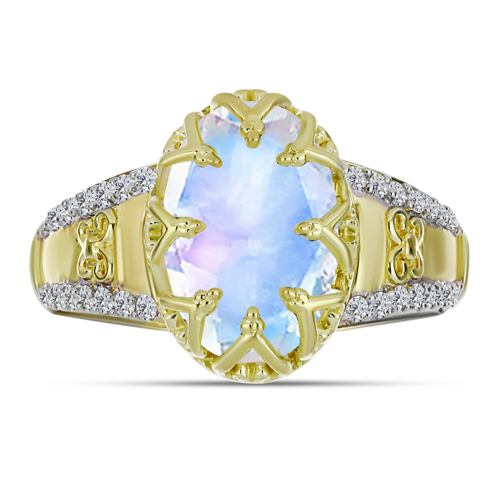 Anillo de Plata Bañada en Oro con Piedra Lunar Arco Iris y Topacio Blanco 1 