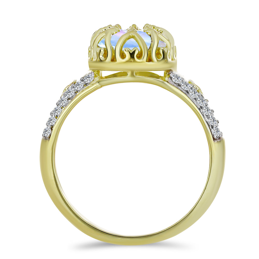Anillo de Plata Bañada en Oro con Piedra Lunar Arco Iris y Topacio Blanco