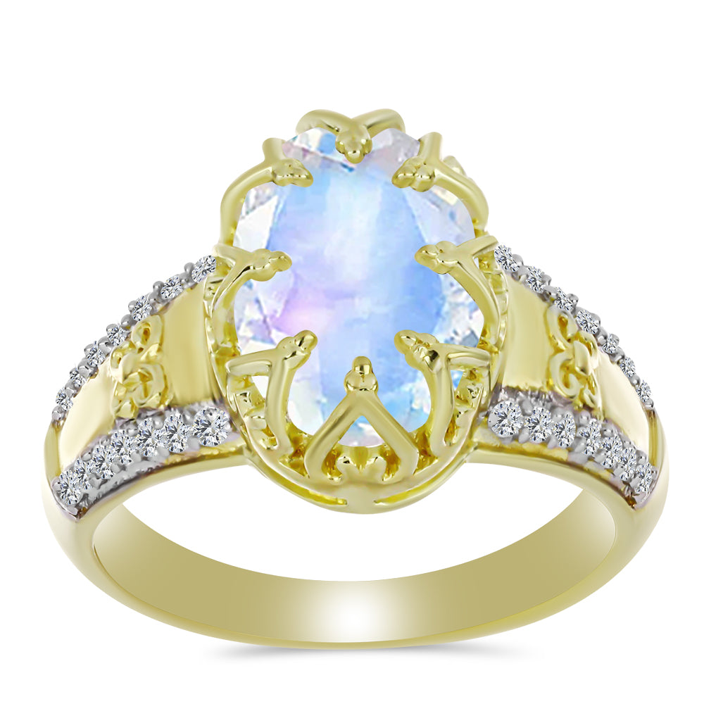Anillo de Plata Bañada en Oro con Piedra Lunar Arco Iris y Topacio Blanco 3 
