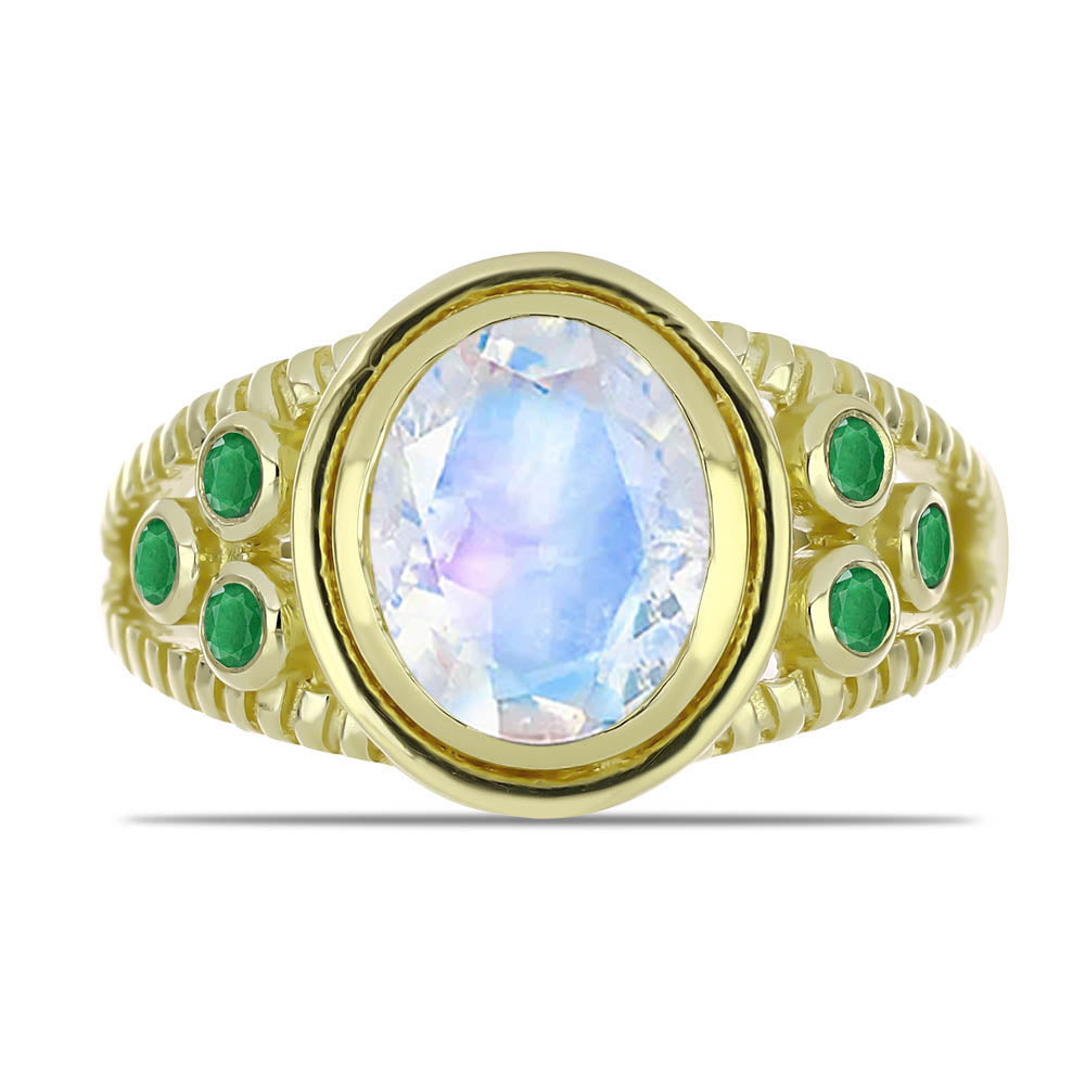 Anillo de Plata Bañada en Oro con Piedra Lunar Arco Iris y Esmeralda de Brasil