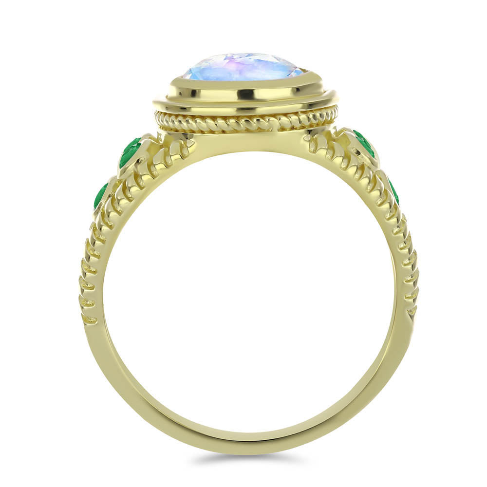 Anillo de Plata Bañada en Oro con Piedra Lunar Arco Iris y Esmeralda de Brasil
